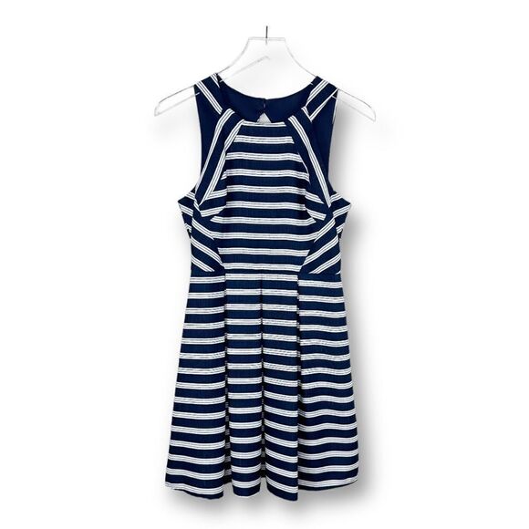 She + Sky Fit & Flare Halter Vibe Cut Out Back Blue White Stripe Dress Sz S - Picture 1 of 10